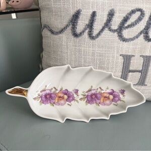 Floral Leaf-Shaped Dish with Purple Flowers